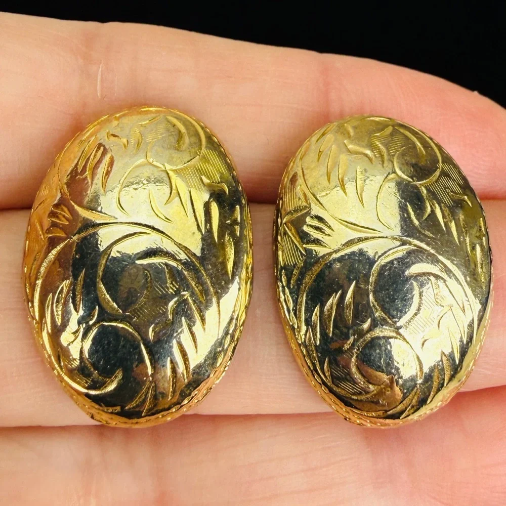 Vintage goldtone, etched puffed pierced earrings